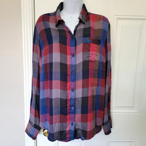Lucky Brand Women's Blue Purple Plaid Long Sleeve Button Up Shirt Hi Low Size M